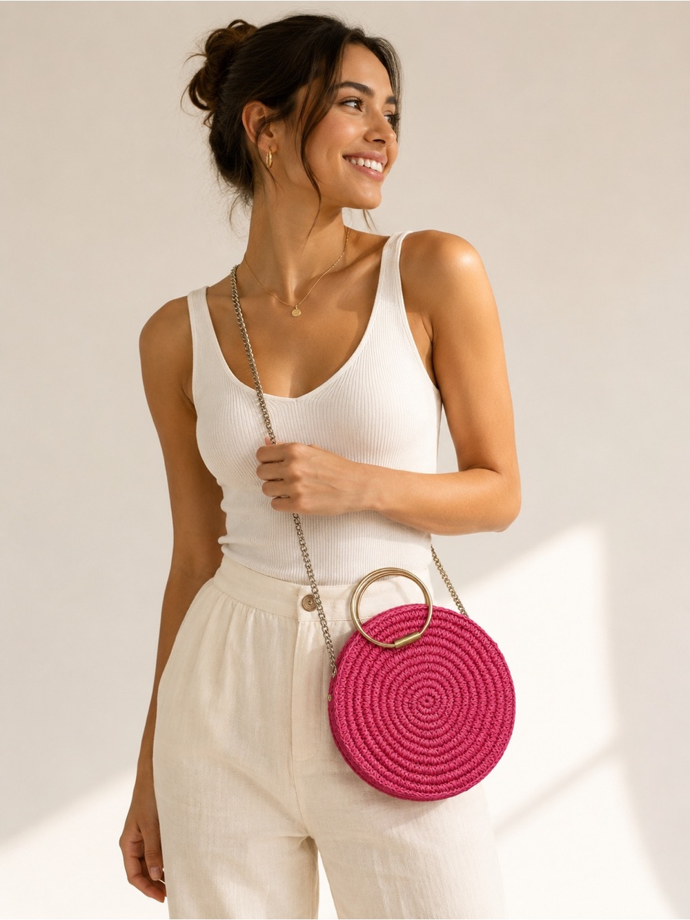 Round Woven Crossbody Bag in Hot Pink with Gold Ring